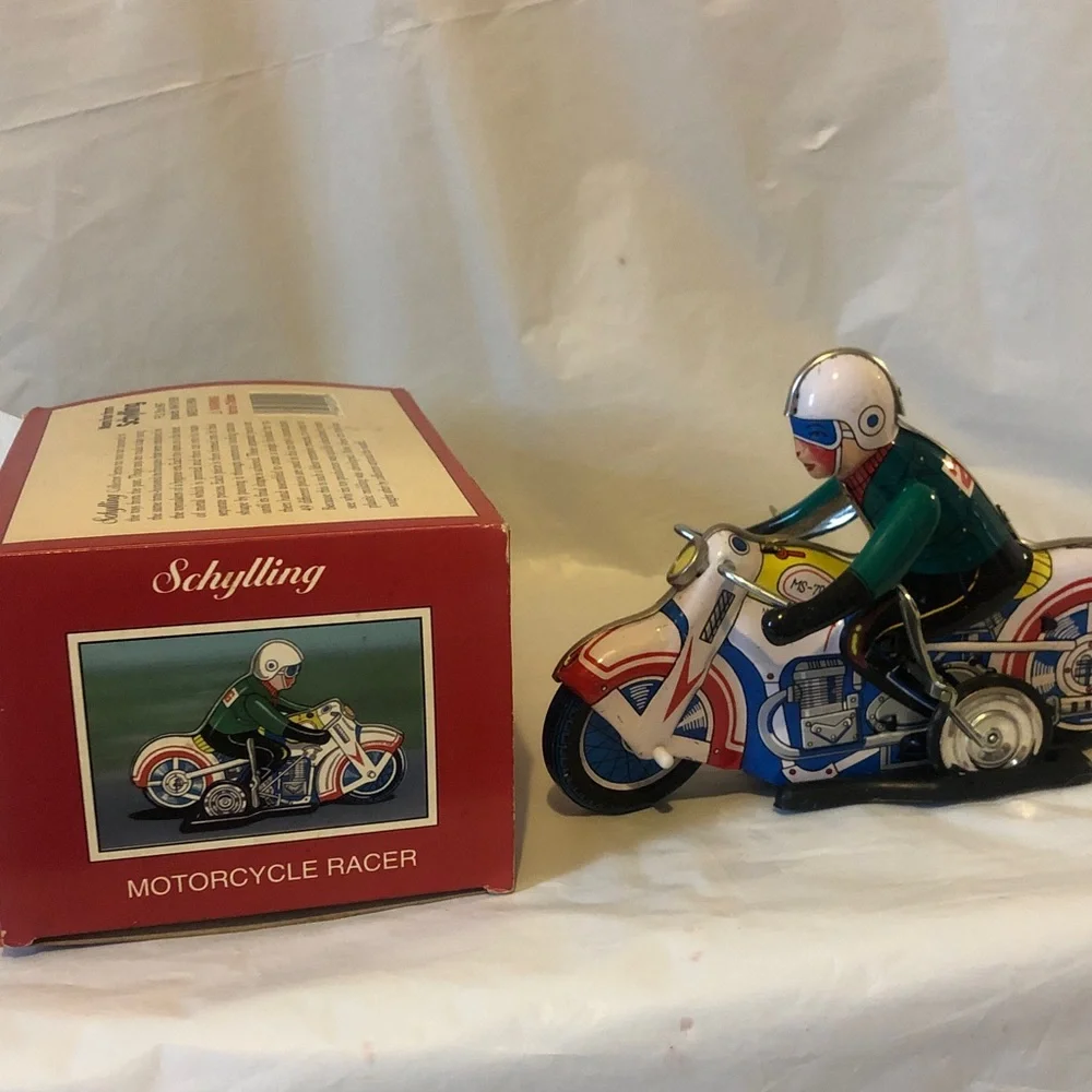 Motorcycle Racer wind up pressed tin new old stock mint condition 7.5” long